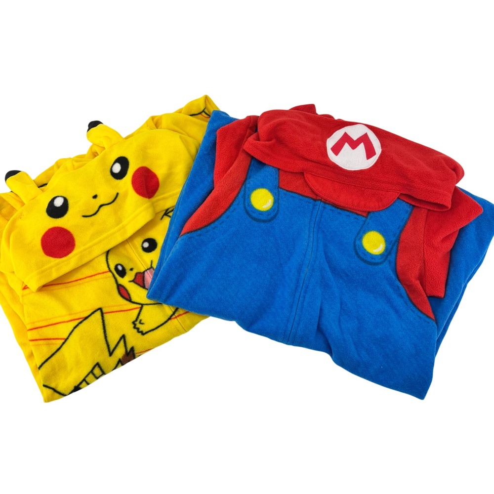 Nintendo Super Mario & Pokemon Pikachu Fleece Hooded Union Suits Kids Size 8 Lot